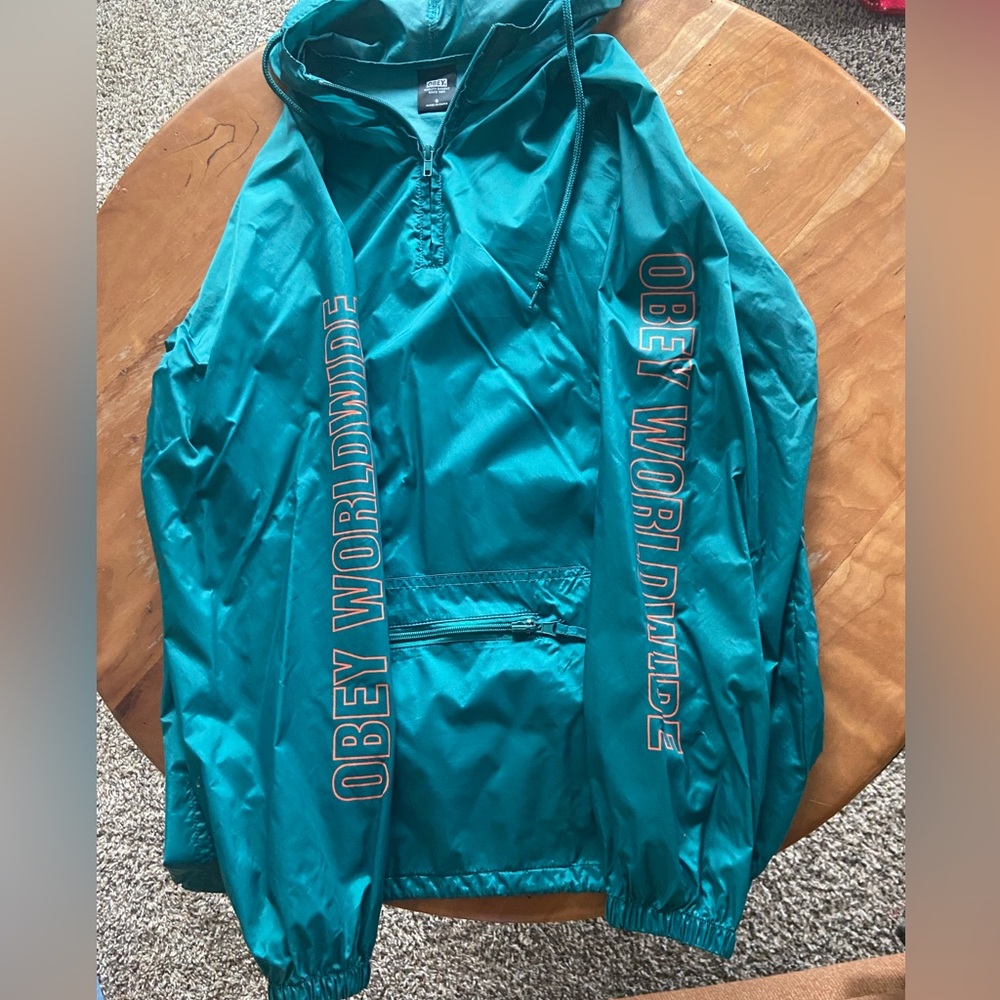 Obey Worldwide Jacket Men Medium Green Hooded Windbreaker Pullover Quarter Zip